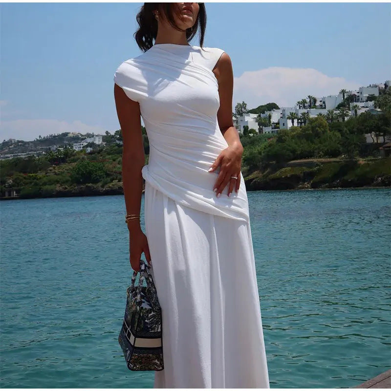 Pleated Round Neck Sleeveless Irregular Dress