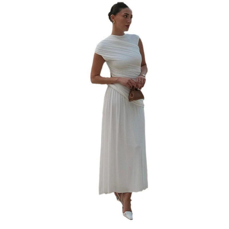 Pleated Round Neck Sleeveless Irregular Dress