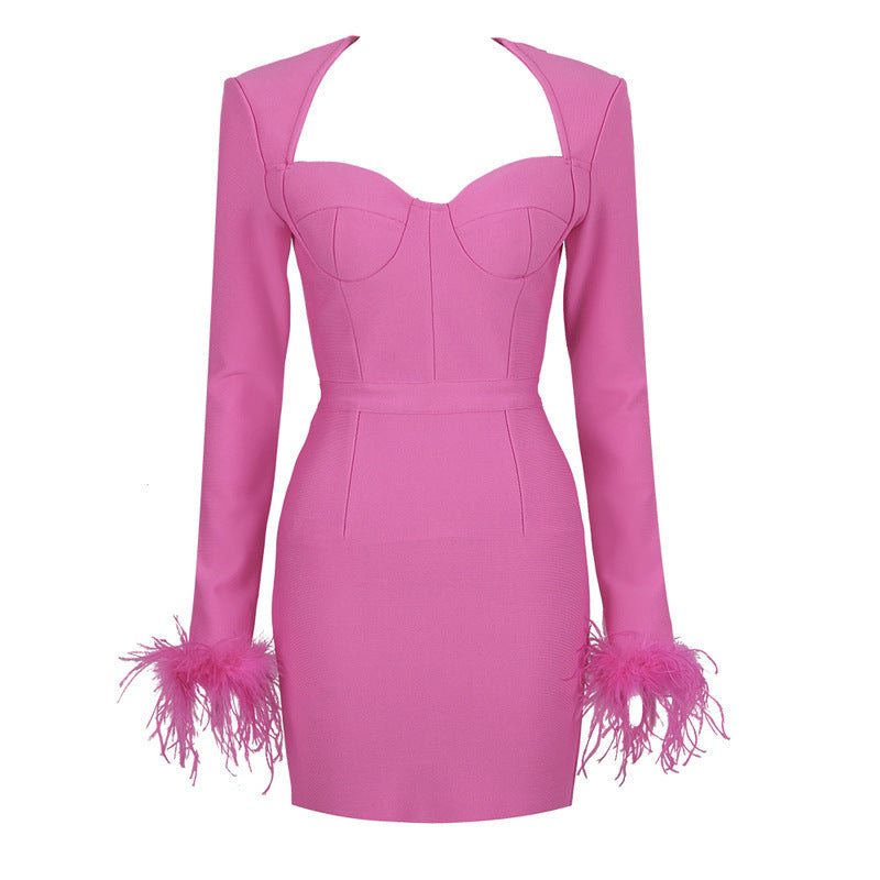 Square Neck Ostrich Feather Cuff Bandage Dress