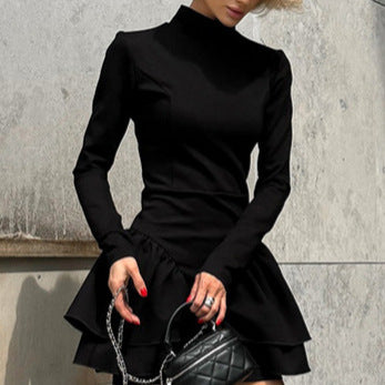 High Collar Ruffles Black Dress