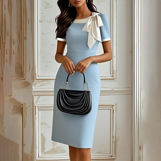 Round Neck Bow Kno Bodycon Knee-Length Dress