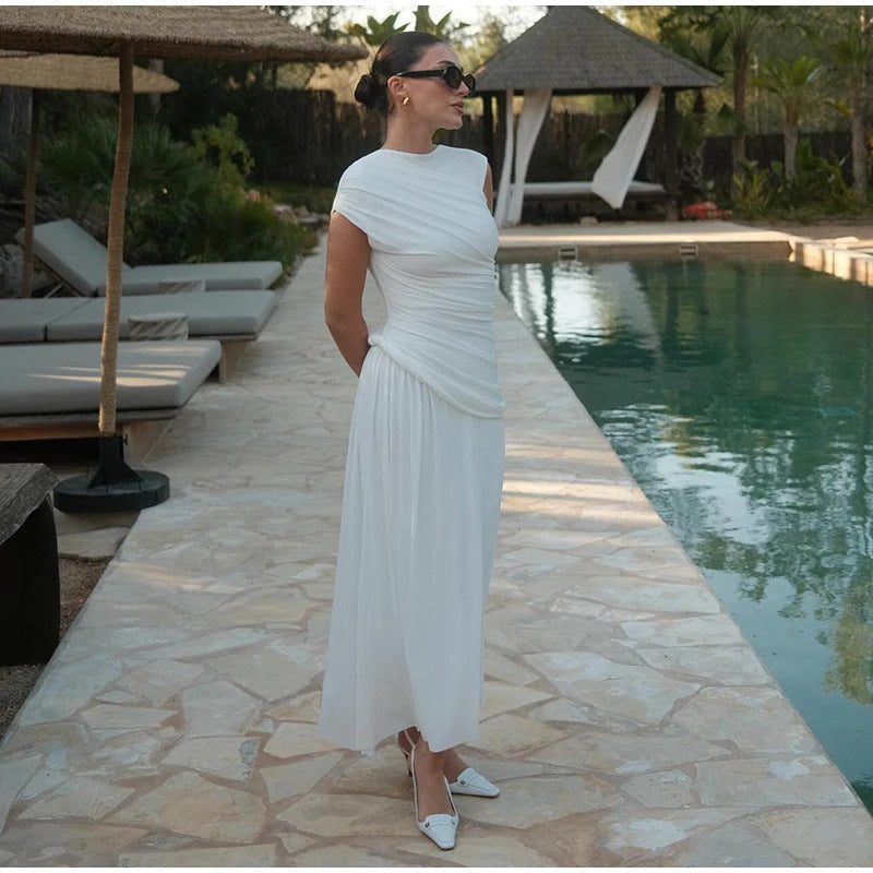 Pleated Round Neck Sleeveless Irregular Dress