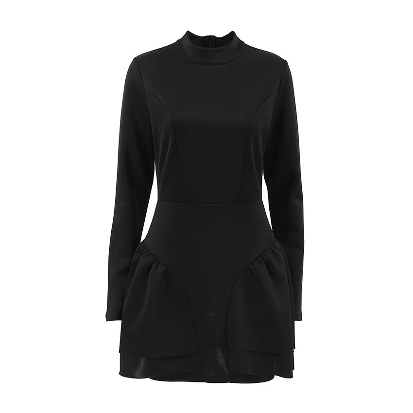 High Collar Ruffles Black Dress