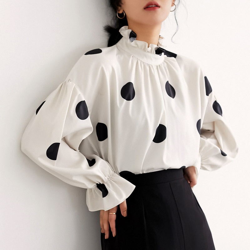 Lace collar wave retro trumpet sleeve chiffon shirt