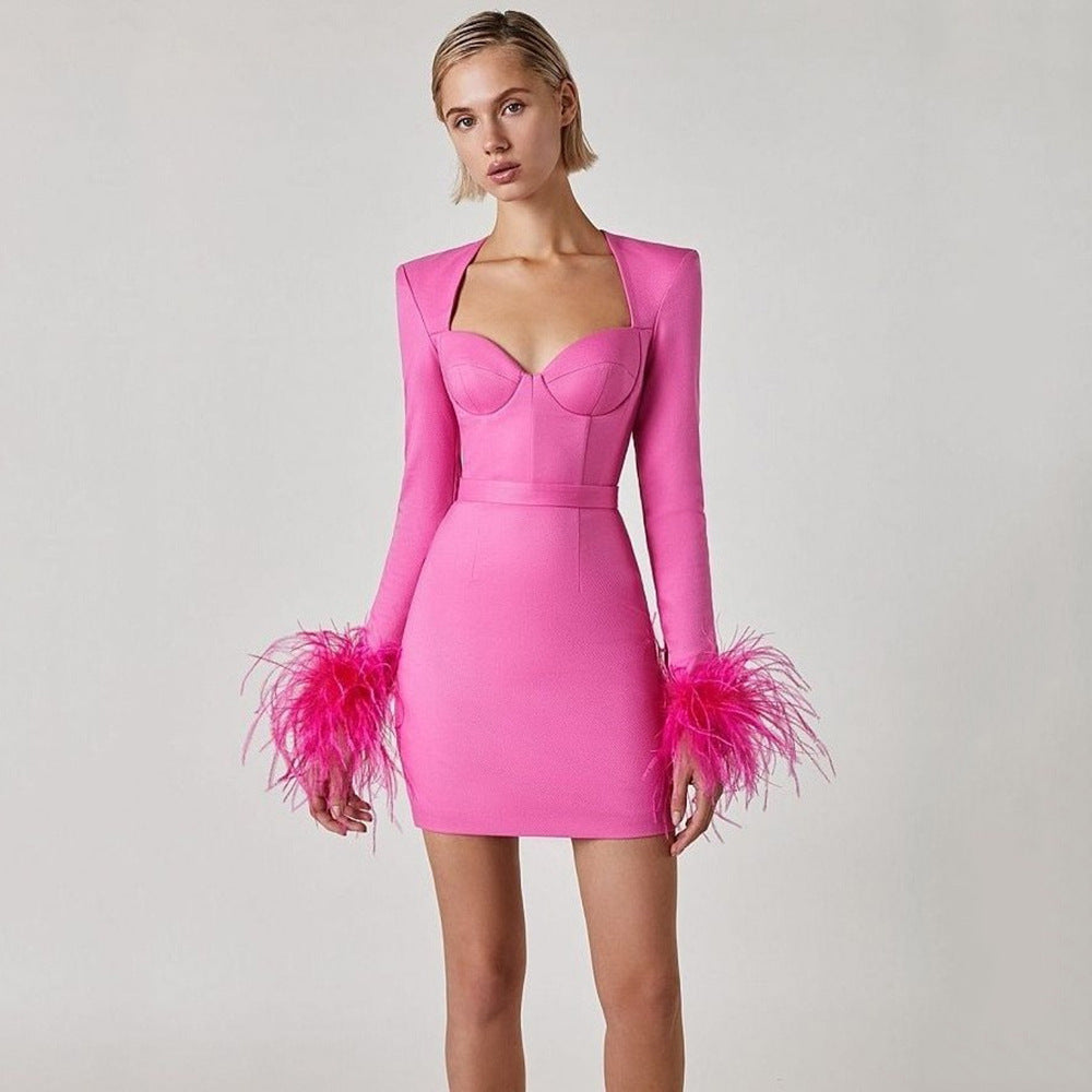 Square Neck Ostrich Feather Cuff Bandage Dress