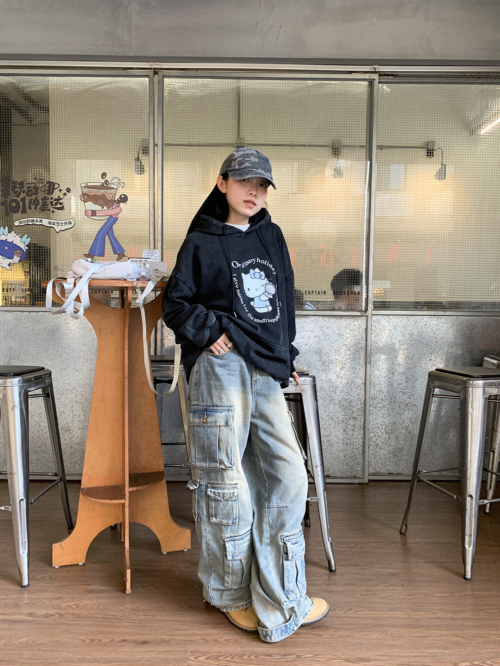 Street Design Jeans Pocket Stitching Wide-leg Pants