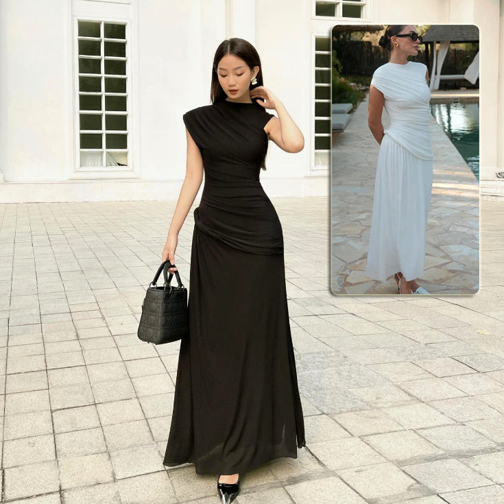 Pleated Round Neck Sleeveless Irregular Dress