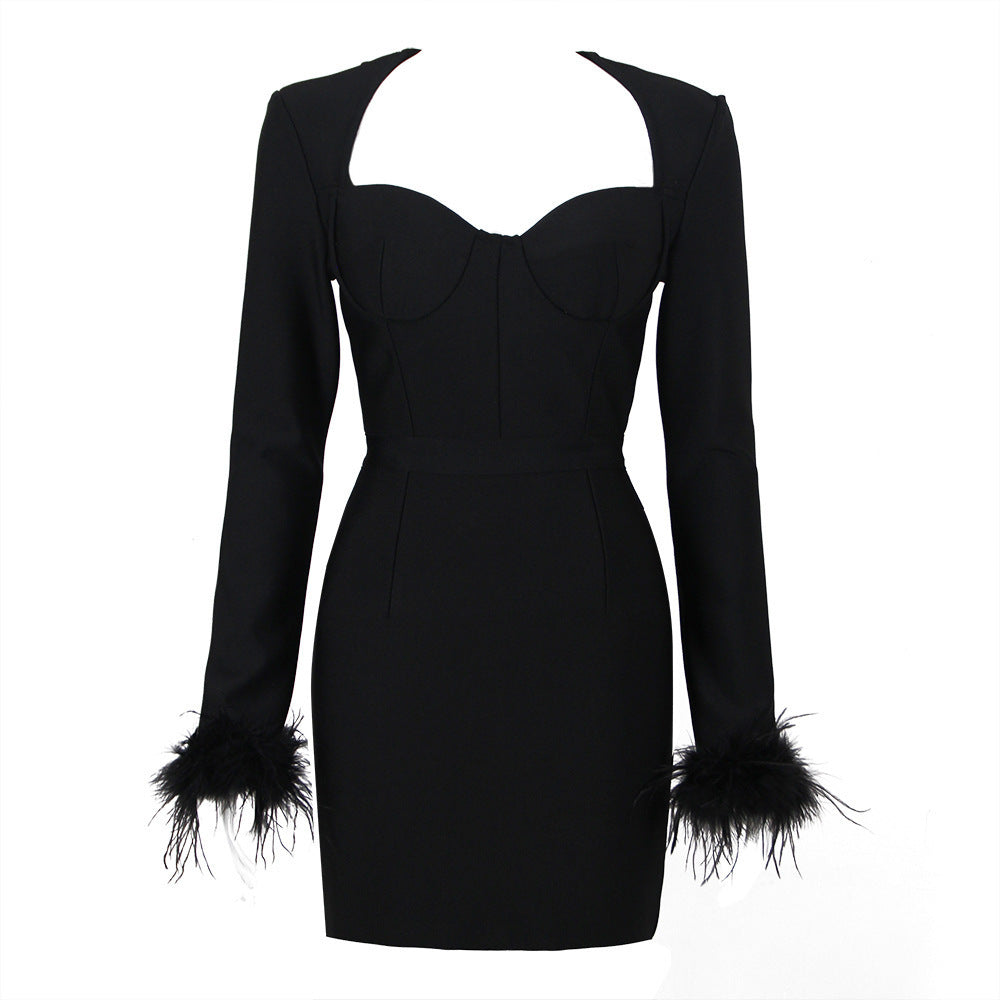 Square Neck Ostrich Feather Cuff Bandage Dress