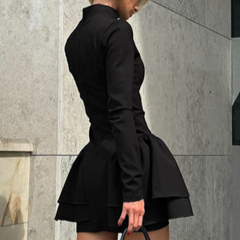 High Collar Ruffles Black Dress