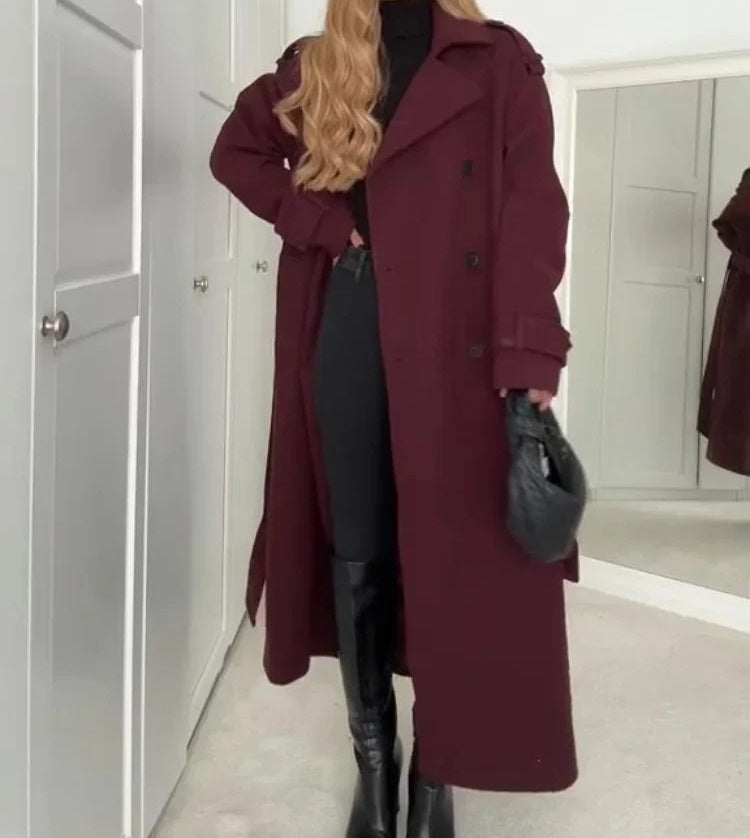Lapel Woolen Trench Long Coat With Belt