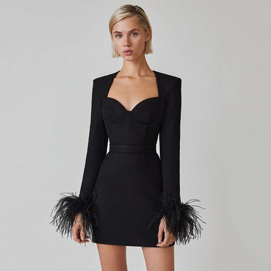 Square Neck Ostrich Feather Cuff Bandage Dress