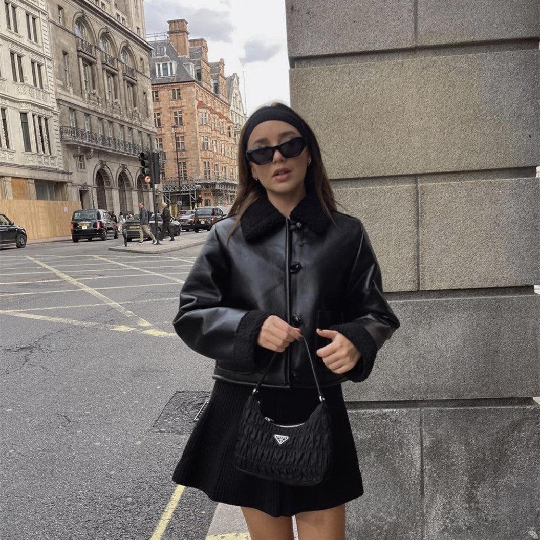Black Leather Coat Jacket Short Plush High Fashion