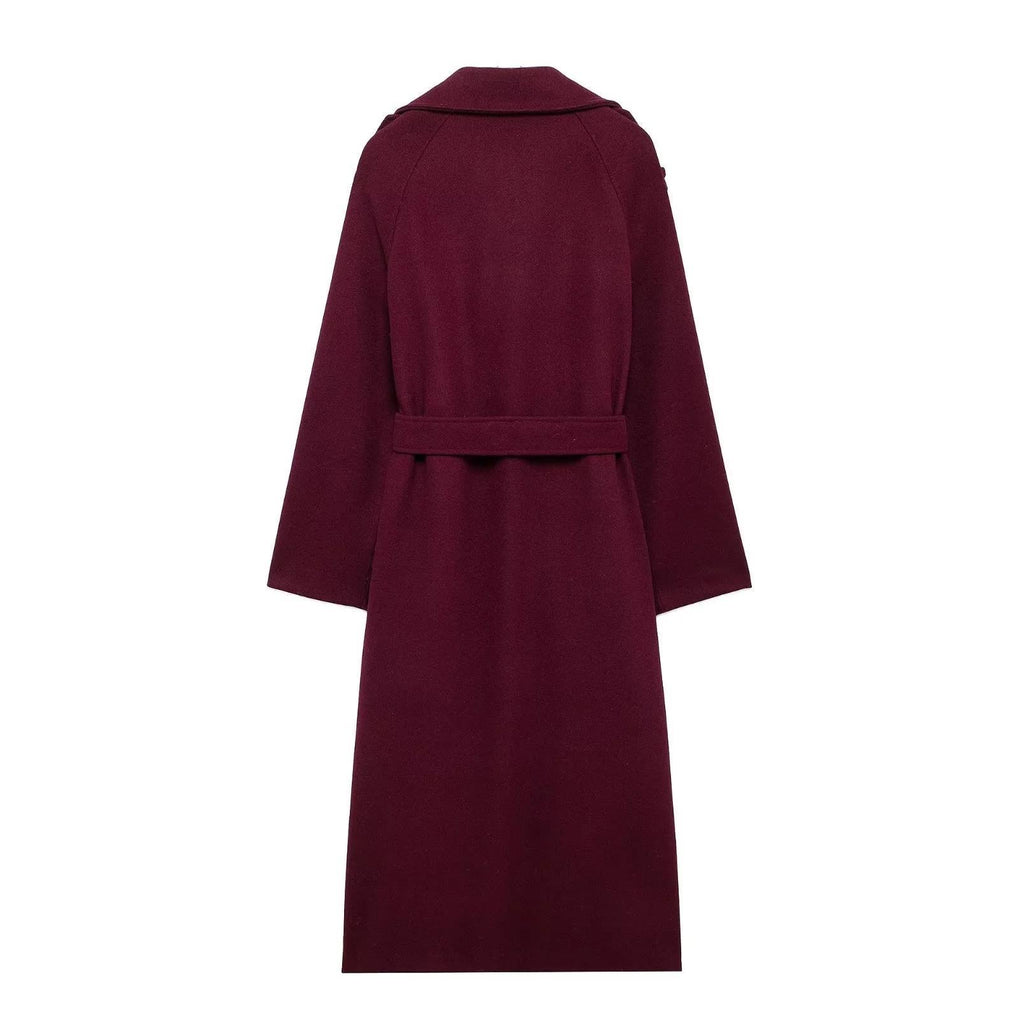 Lapel Woolen Trench Long Coat With Belt