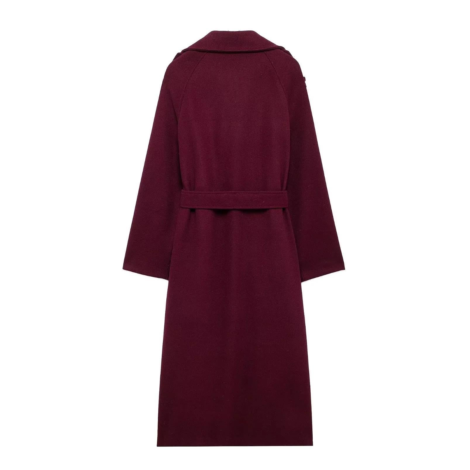 Lapel Woolen Trench Long Coat With Belt