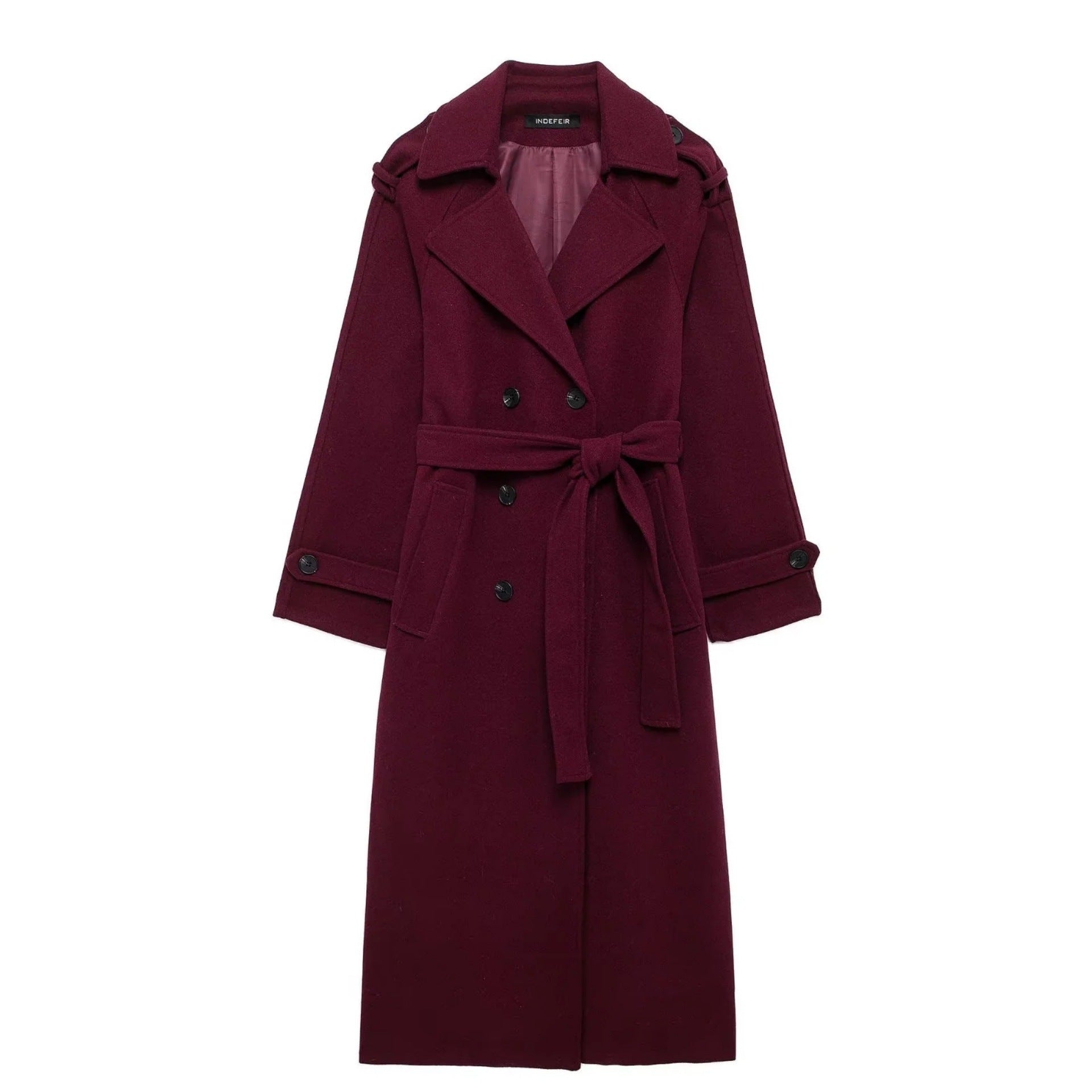 Lapel Woolen Trench Long Coat With Belt