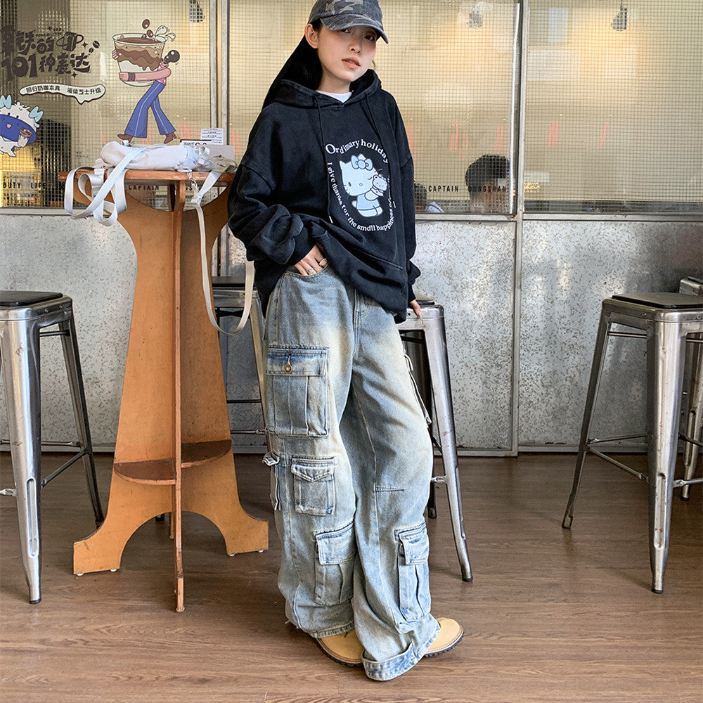 Street Design Jeans Pocket Stitching Wide-leg Pants